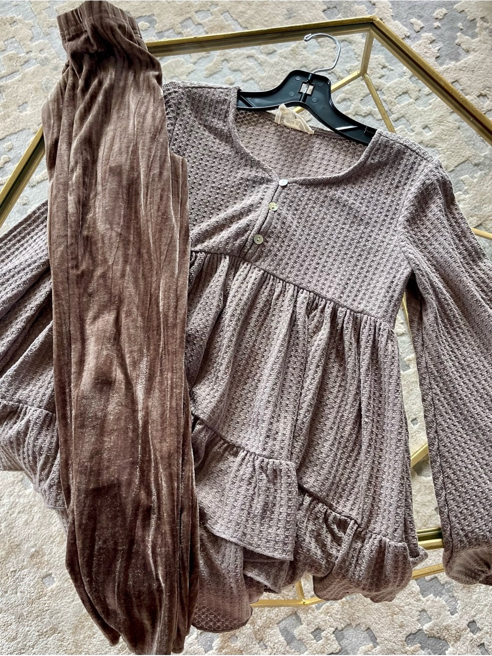 Waffle Knit Tiered Tunic Set in Brown - Kids Matching